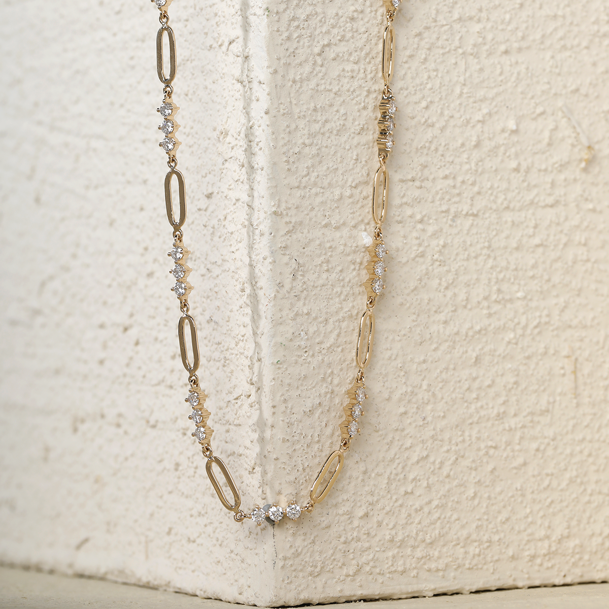 14K Yellow Gold 2mm Round Lab Diamond Cross Squashed Chain Station Necklace