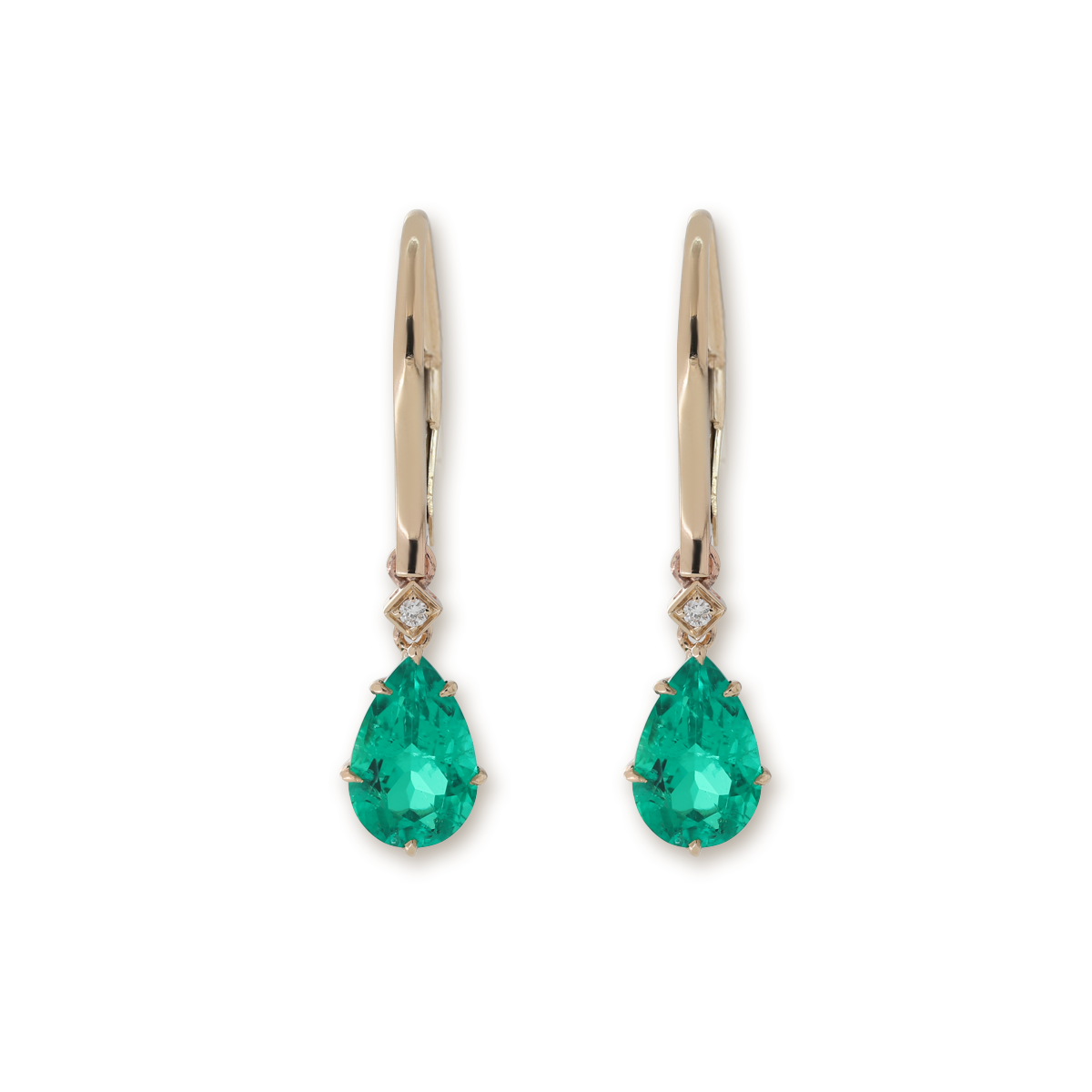 14K Yellow Gold Pear Cut Colombian Lab Emerald Basket Setting Hoop Earrings with Leverback