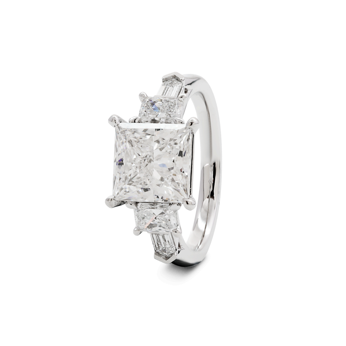 Platinum 2.5ct Princess Cut Lab Diamond 5 Stone Engagement Ring with Radiant Cut and Bullet Cut Side-stones