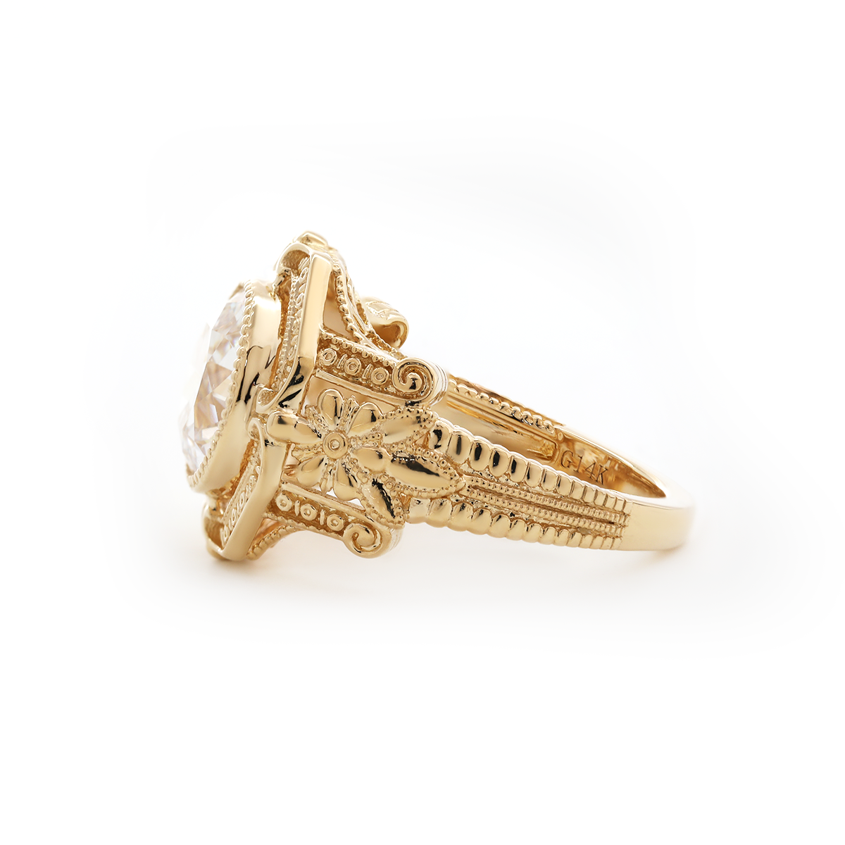 14K Yellow Gold 3ct Old European Cut Lab Diamond Millegrain Bezel Vintage Engraved Ring - Art Deco Style