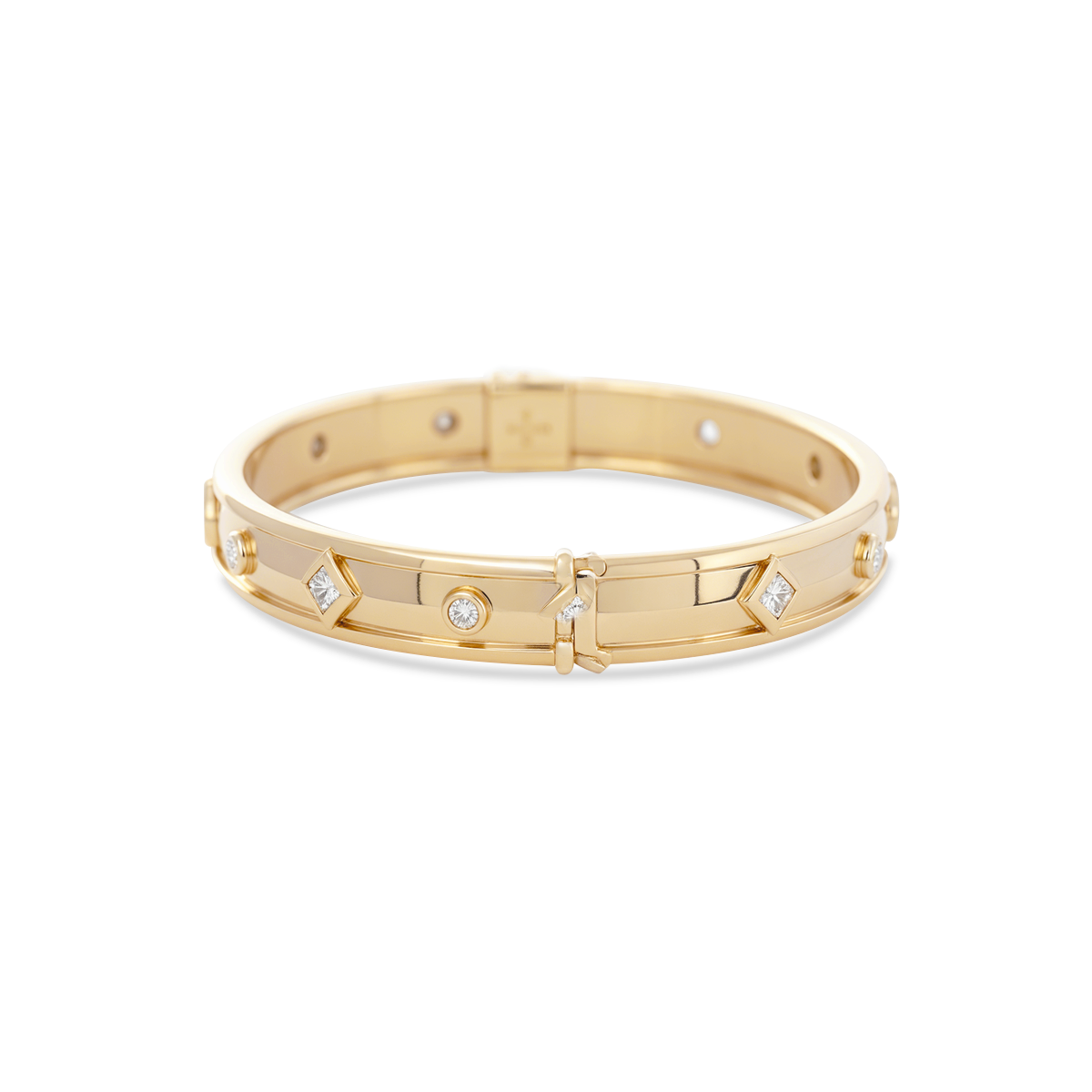 18K Yellow Gold Round Cut and Princess Cut Lab Diamond Bezel Bangle Bracelet