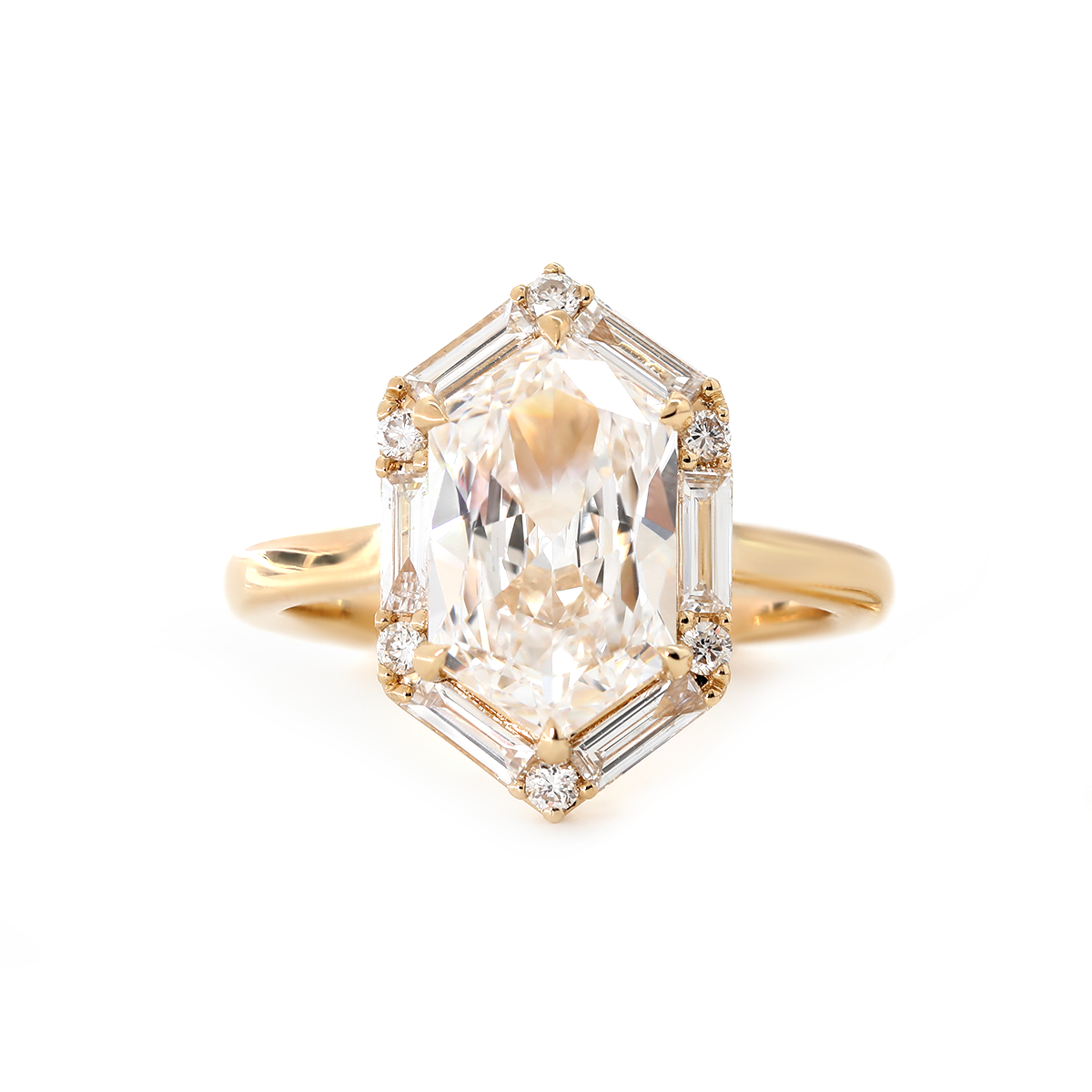14K Yellow Gold 2.5ct Duchess Cut Elongated Hexagonal Lab Diamond Ring with Baguette Cut and Round Diamond Halo