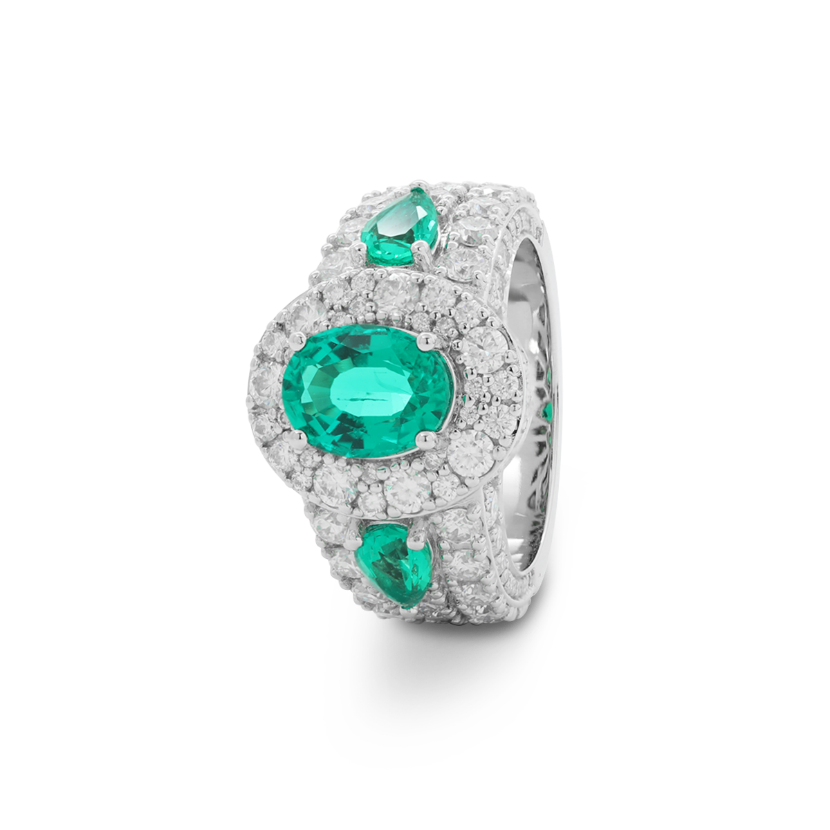 14K White Gold 9*7mm Oval Columbian Lab Emerald Vintage Ring with Pear Lab Emerald and Round Lab Diamond Side-stones Pave