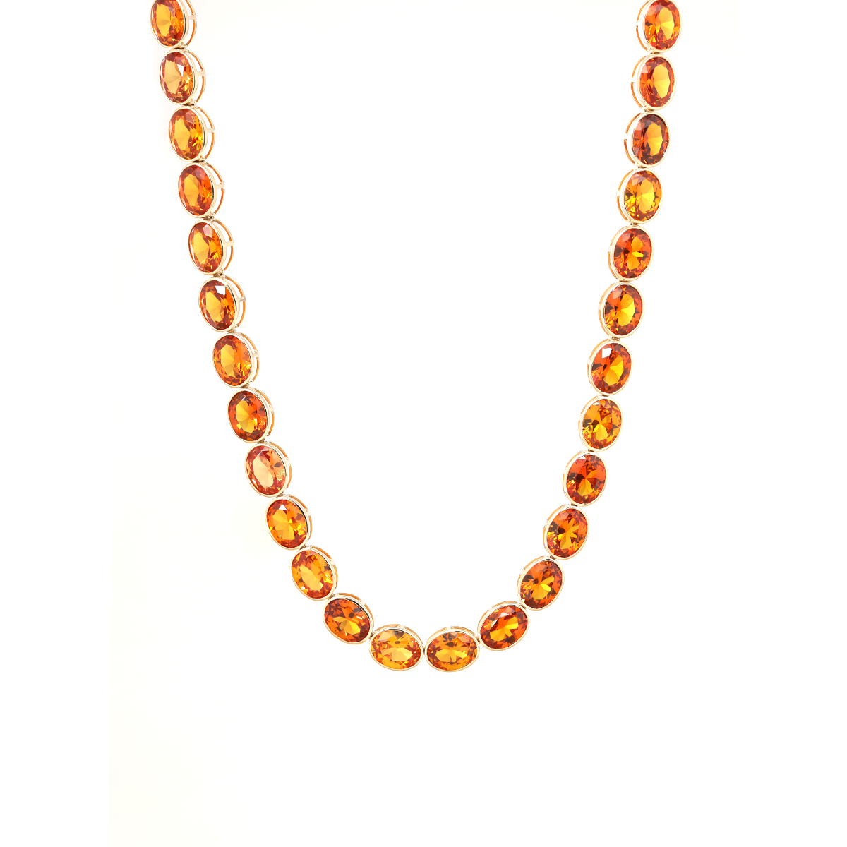 14K Yellow Gold Oval Lab Orange Sapphire Bezel Tennis Necklace with Adjustable Chain