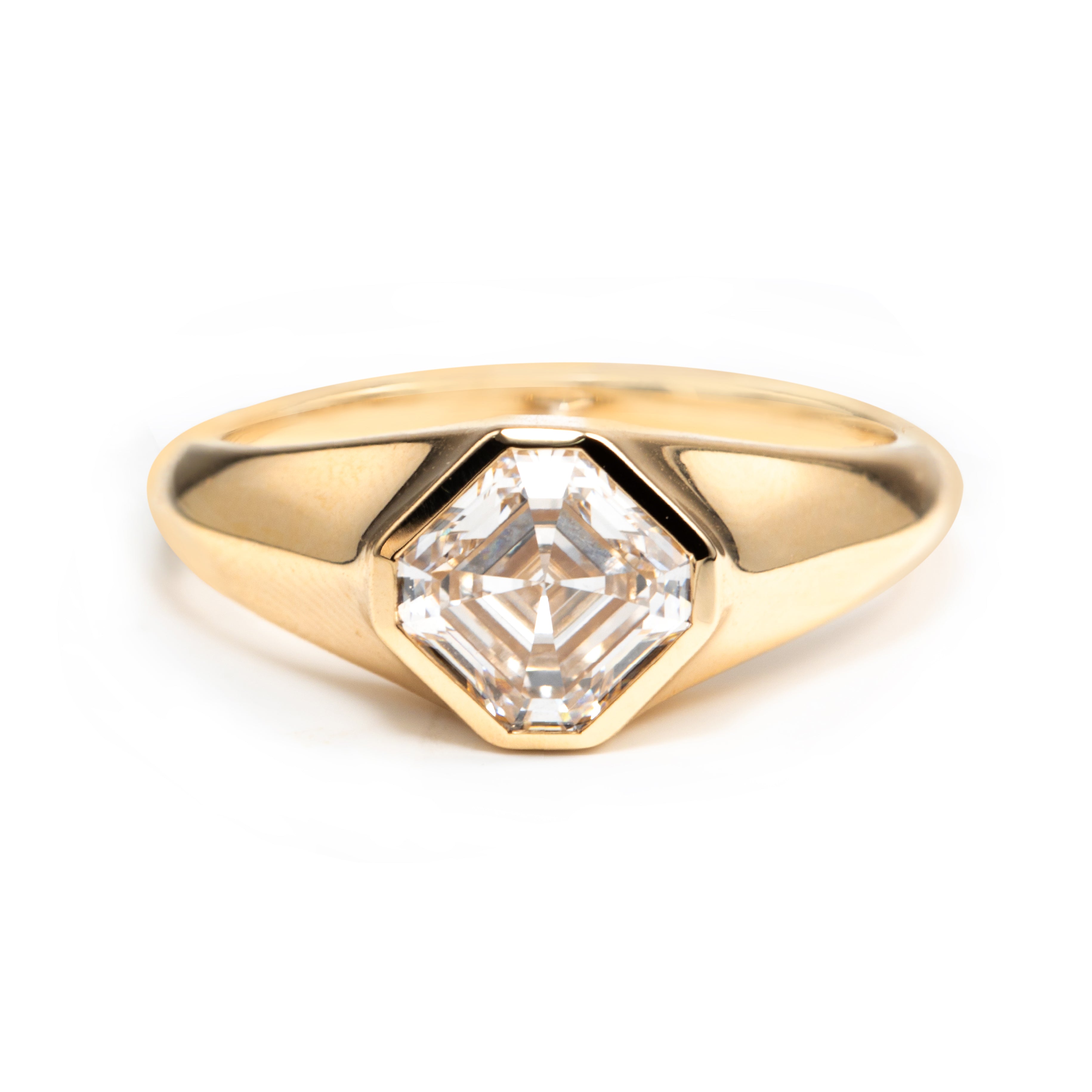 14k Yellow Gold 1.5ct Asscher Cut Lab Diamond Bezel Ring with Knife Edge Tapered Band Design