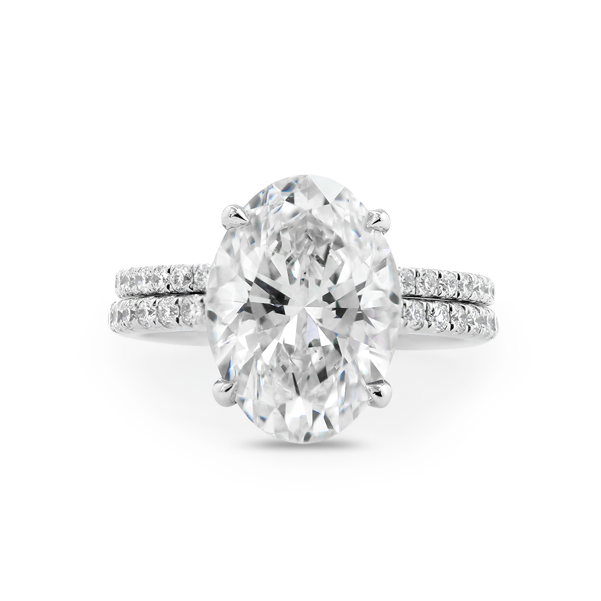 14K White Gold 4ct Oval Cut Lab Diamond Hidden Halo Bridal Set Rings with 3/4 Circle of Round Lab Diamond Pave