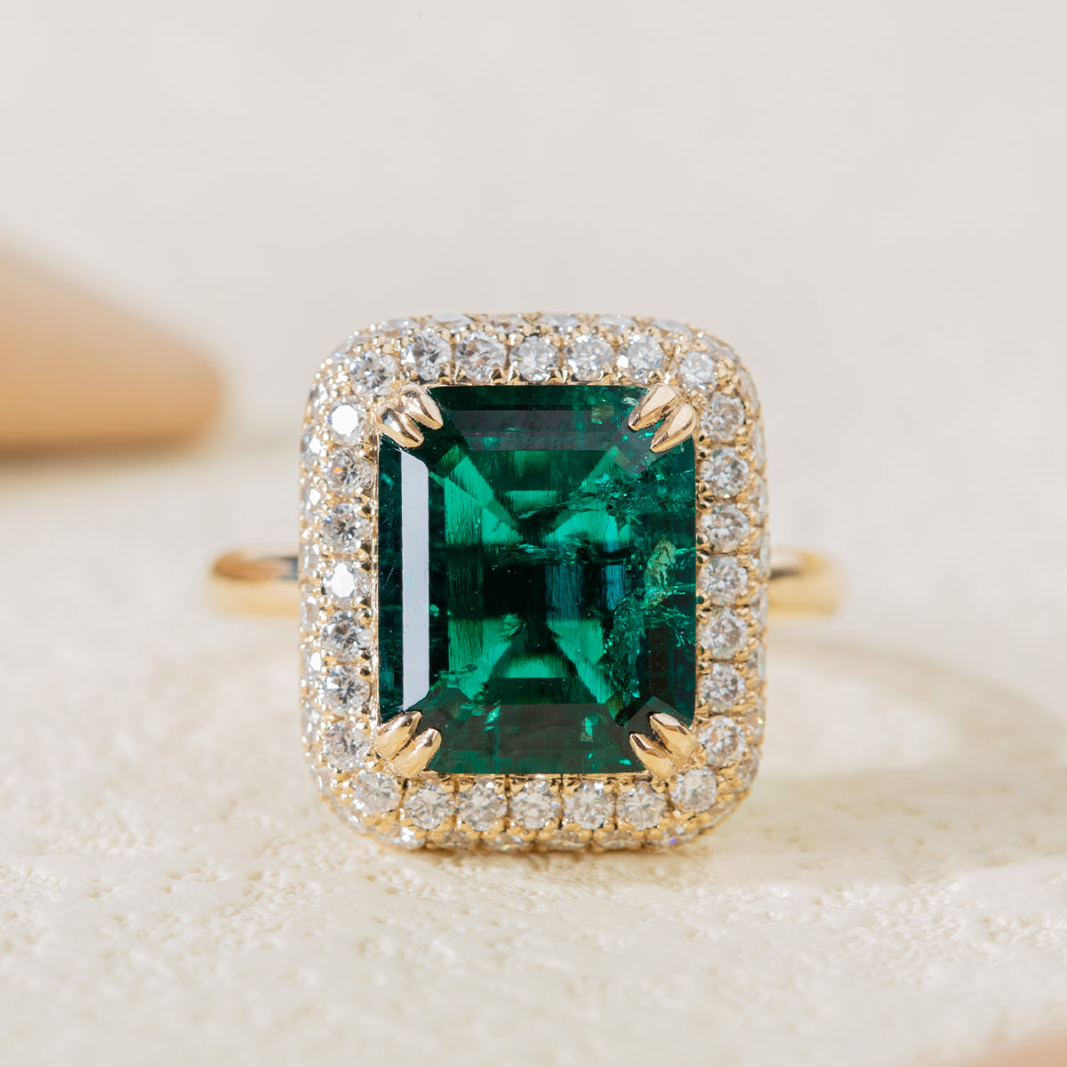 14K Yellow Gold 3.5ct Lab Zambian Emerald Double Claw Prongs Ring with Round Lab Diamond Halo