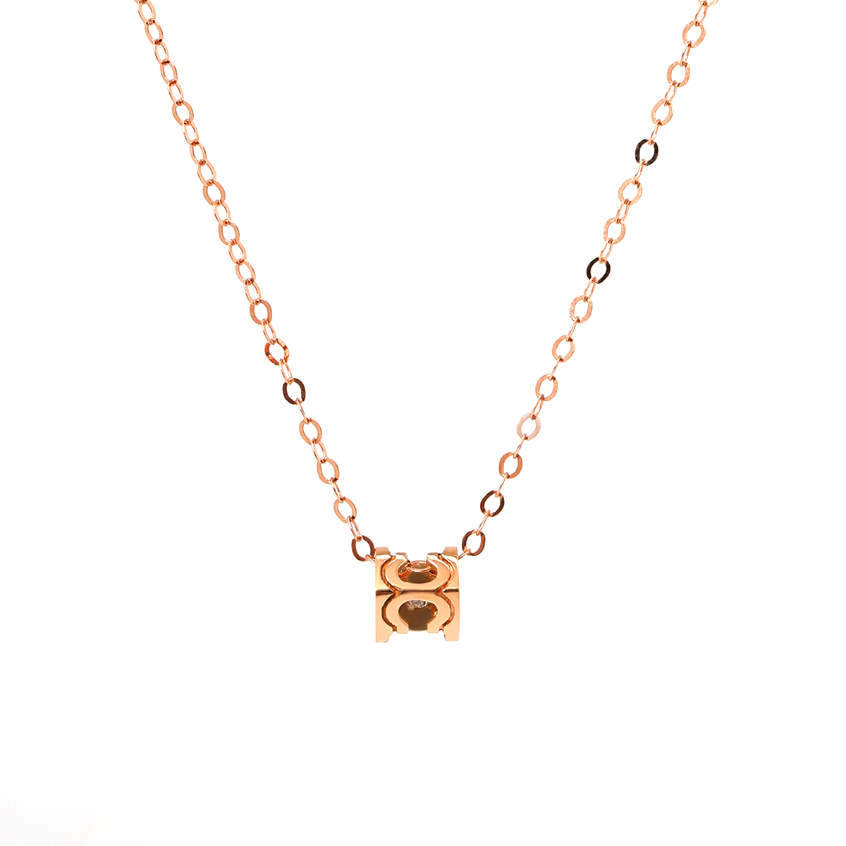 14K Rose Gold U Shape Pendant Necklace with Round Lab Diamond in A Diamond-Cut Texture Halo