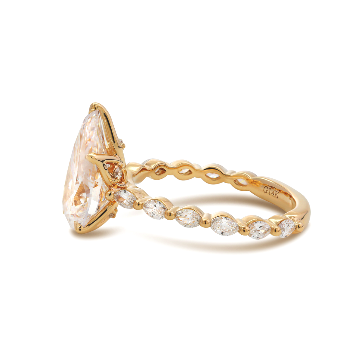 14K Yellow Gold 3ct Pear Cut Lab Diamond 5 Claw Prongs Floral Basket Engagement Ring with Marquise Cut and Round Cut Diamond Side-stones