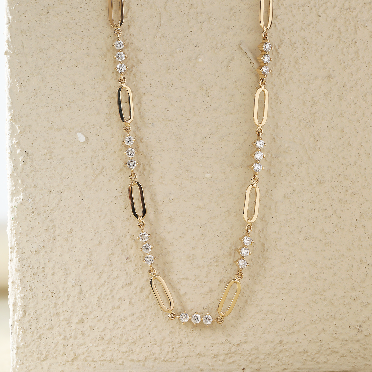 14K Yellow Gold 2mm Round Lab Diamond Cross Squashed Chain Station Necklace