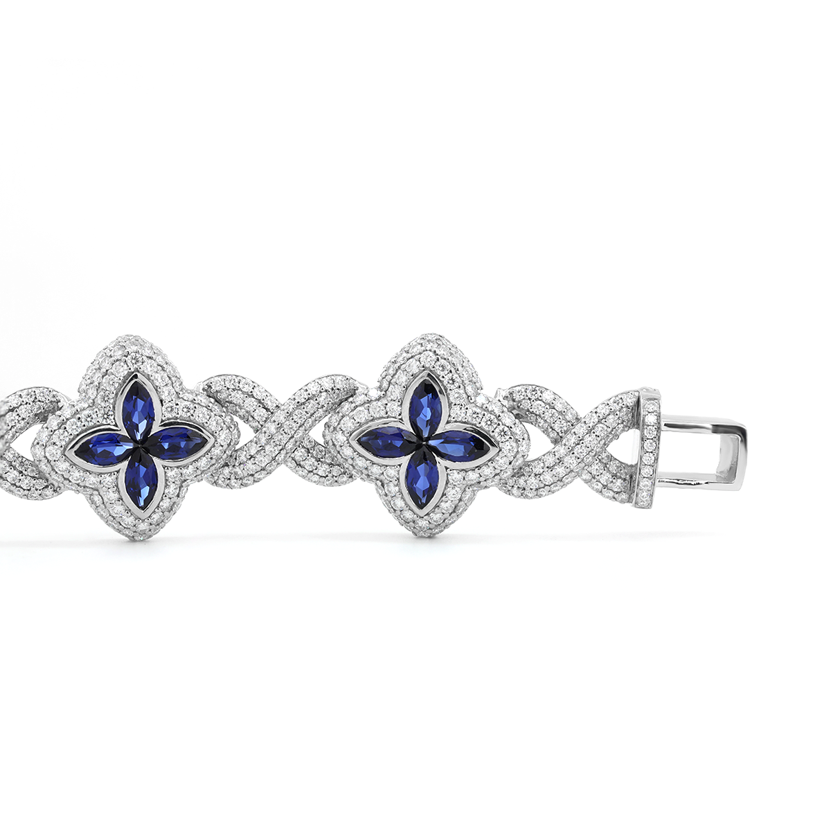 14K White Gold Round Lab Diamond Bracelet with Pear Lab Sapphire – Art Nouveau Nature-Inspired Eternal Fleur Blue Design