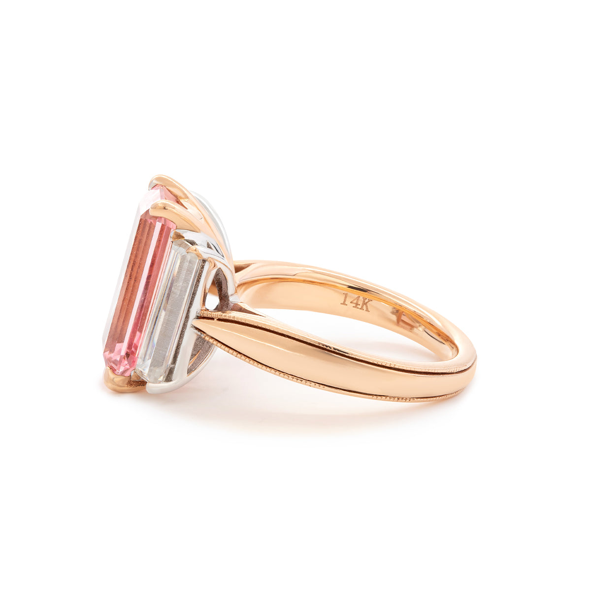 14K Rose and White Gold 13*6.5mm Emerald Cut Lab Pink Sapphire and Two Baguette Cut Lab Diamond Three Stone Cocktail Ring with Tapered Band