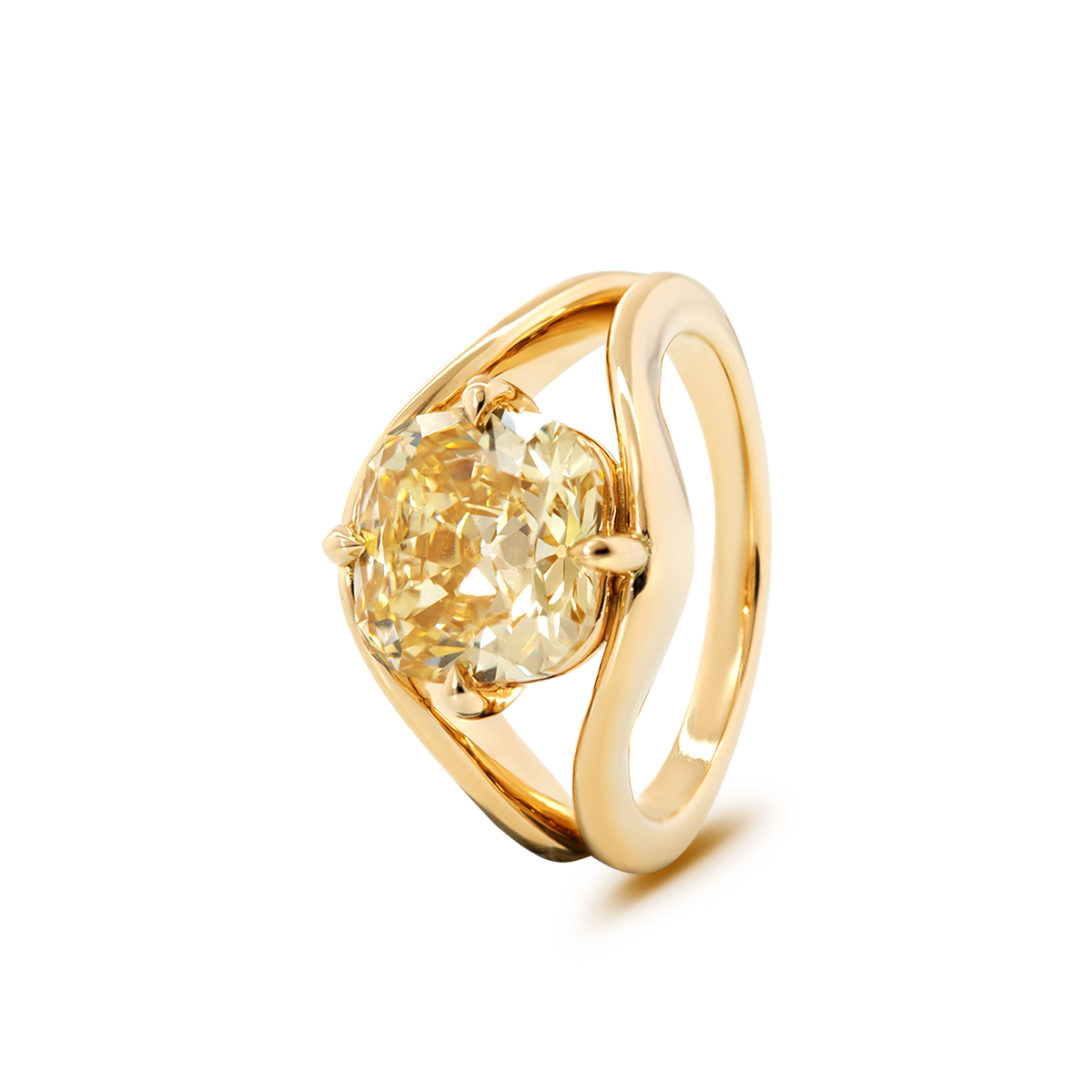 14K Yellow Gold 4ct Old Mine Cut Yellow Lab Diamond 4 Claw Prongs Solitaire Ring with Split Band Design