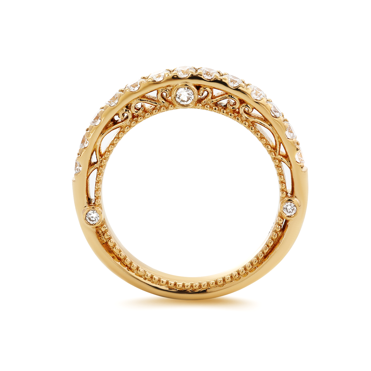18K Yellow Gold Round Cut Lab Diamond Millegrain and Foral Design Eternity Ring