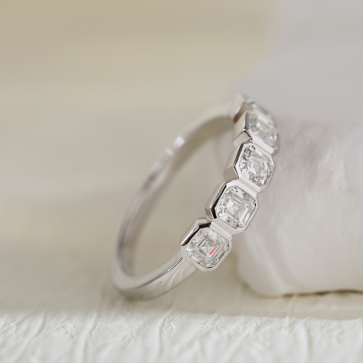 14K White Gold Asscher Cut Lab Diamond 5 Stone Bezel Half Eternity Ring