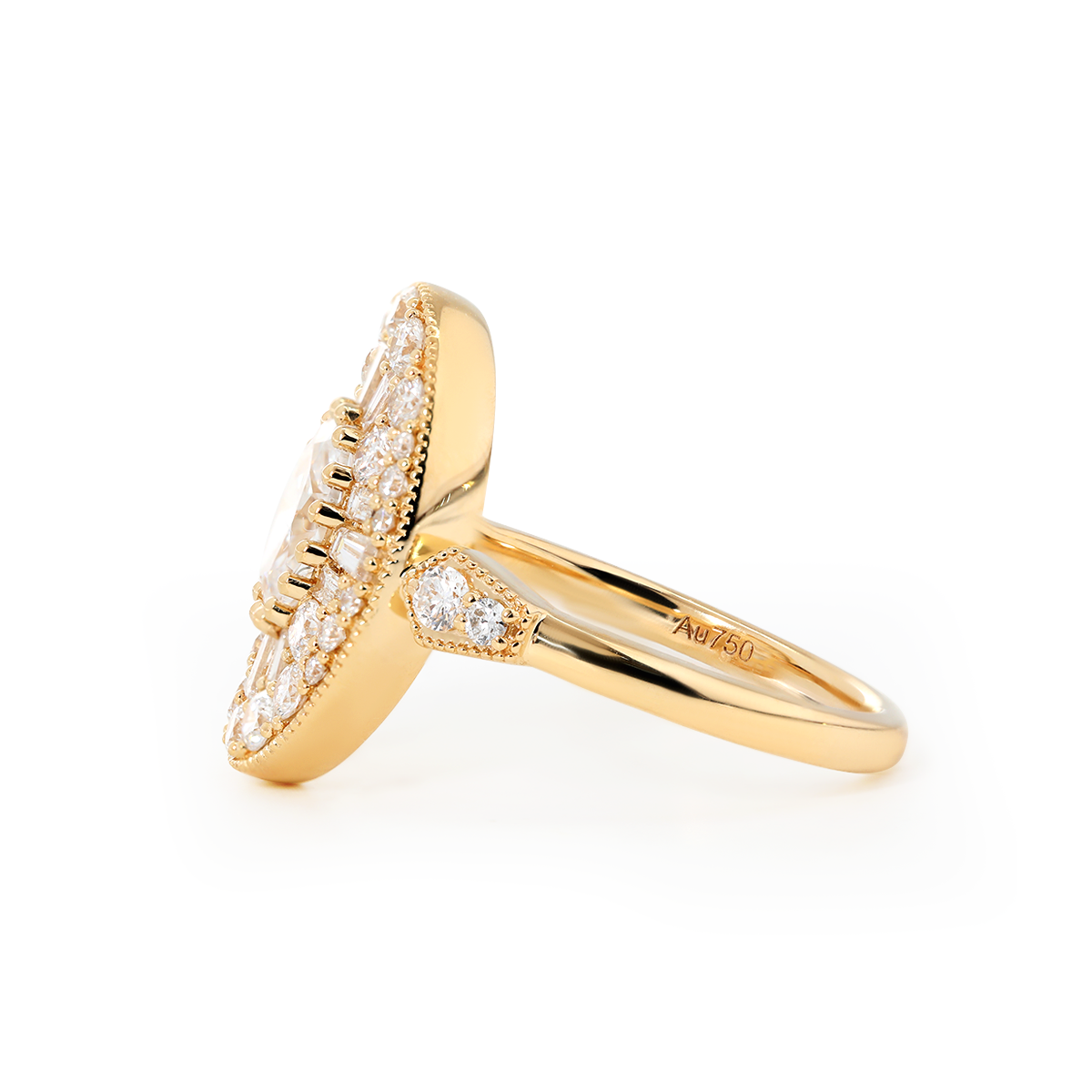 18K Yellow Gold Oval Lab Diamond Millegrain Vintage Style Ring with Round and Tapered Baguette Side-stones Halo