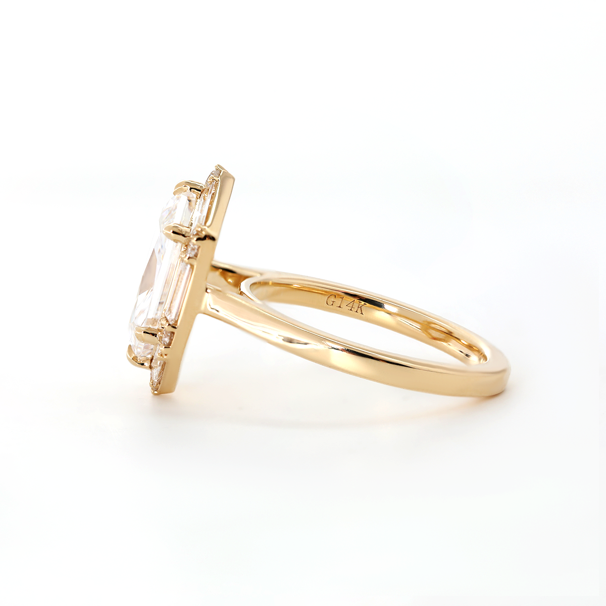 14K Yellow Gold 2.5ct Duchess Cut Elongated Hexagonal Lab Diamond Ring with Baguette Cut and Round Diamond Halo