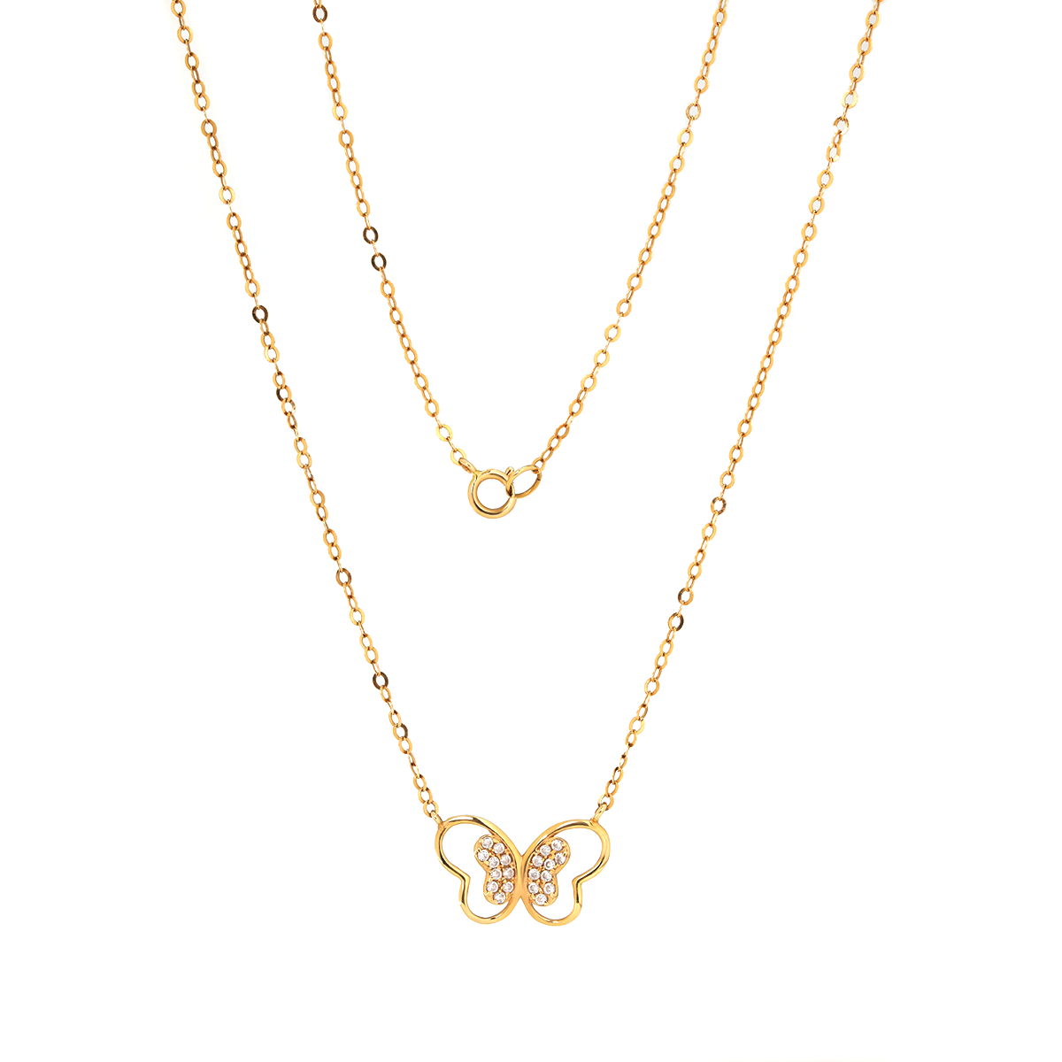 14K Yellow Gold Round Lab Diamond Pave Butterfly Pendant Necklace