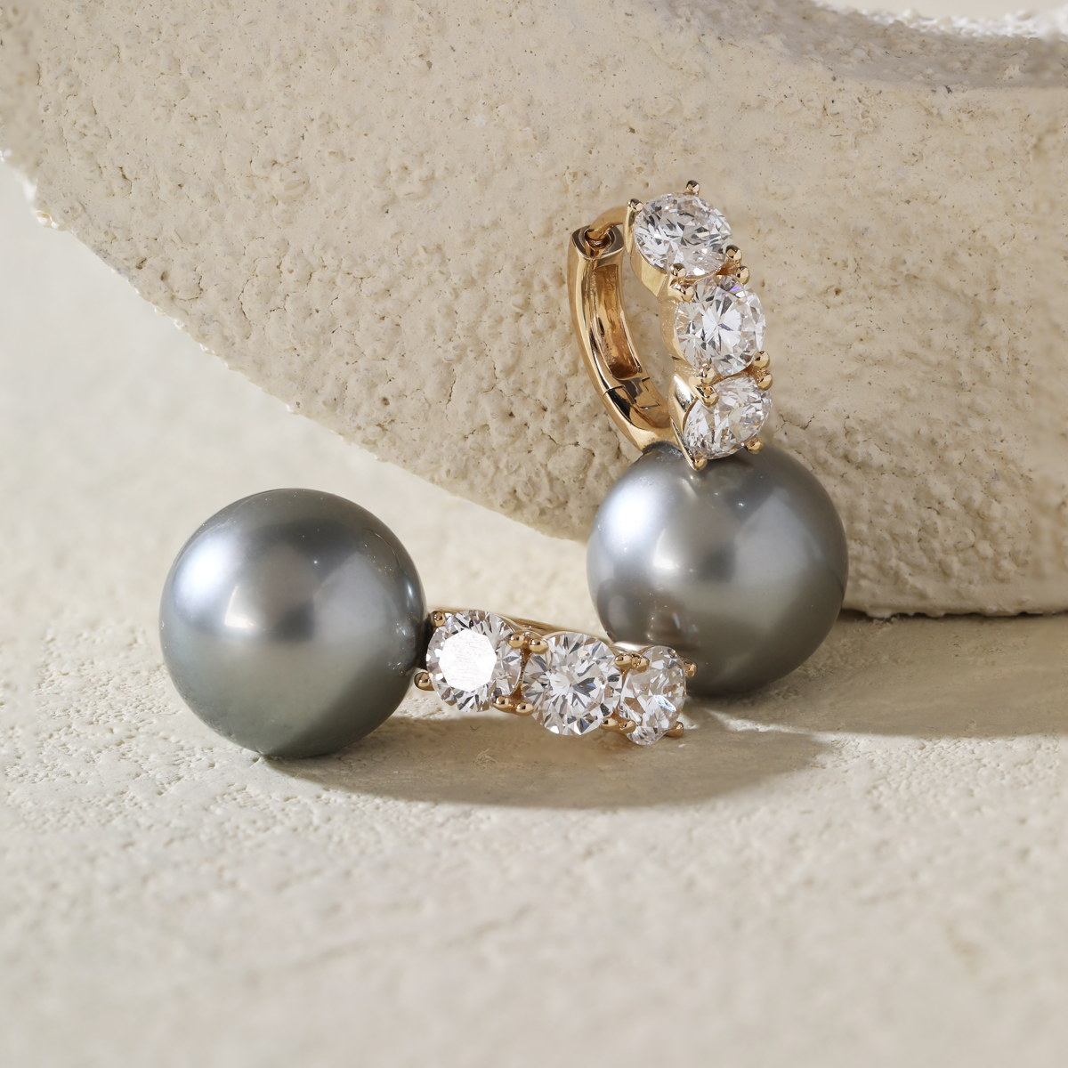 14K Yellow Gold 12mm Grey Fresh-water Pearl with Round Lab Diamond Side-stones Hoop Earrings