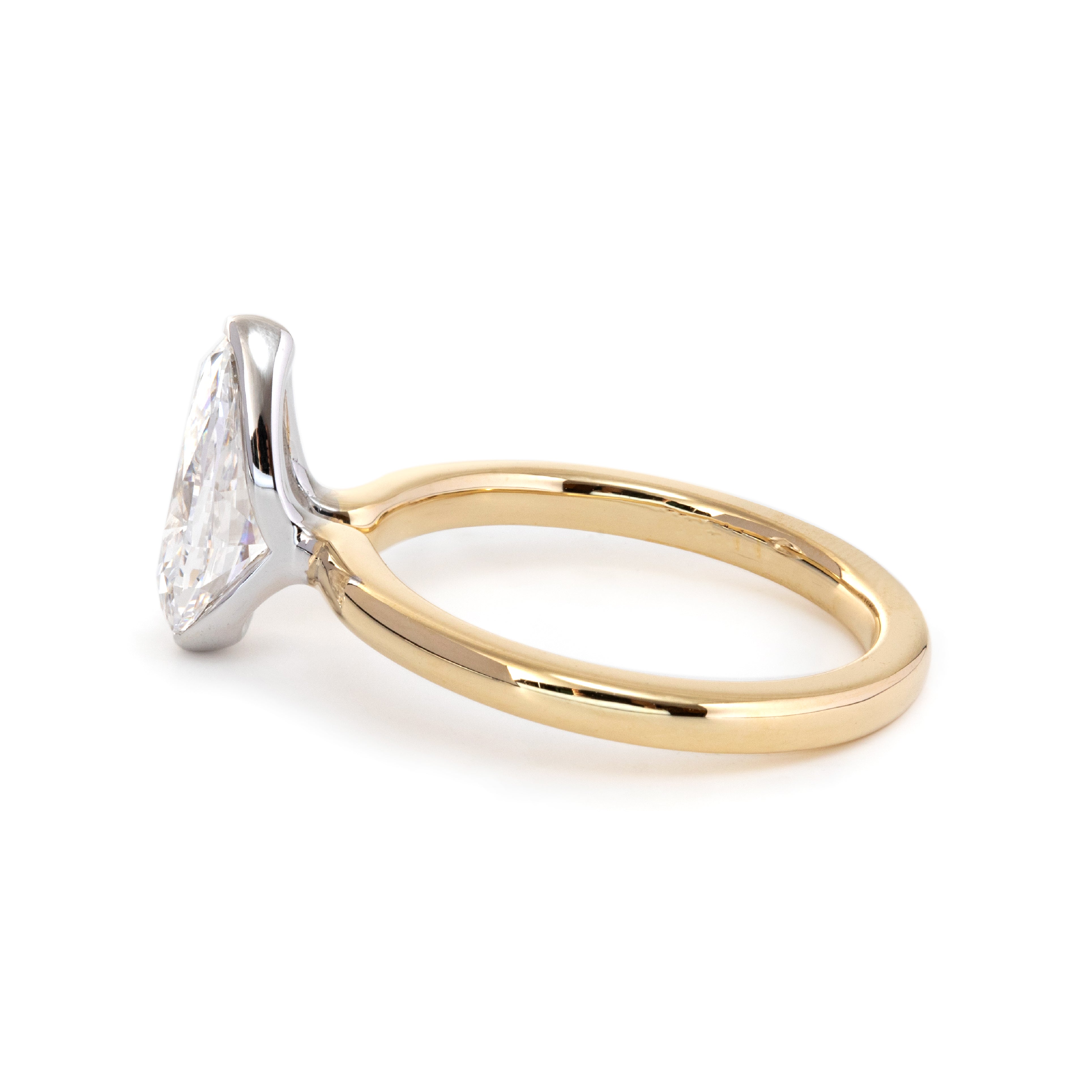 14K Yellow and White Gold 2ct Pear Cut Lab Diamond Half Bezel Solitaire Ring