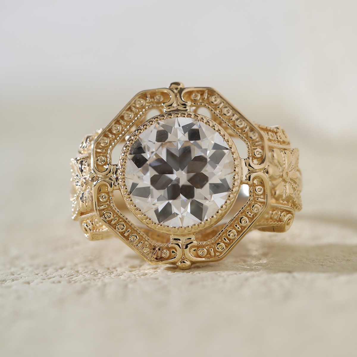 14K Yellow Gold 3ct Old European Cut Lab Diamond Millegrain Bezel Vintage Engraved Ring - Art Deco Style