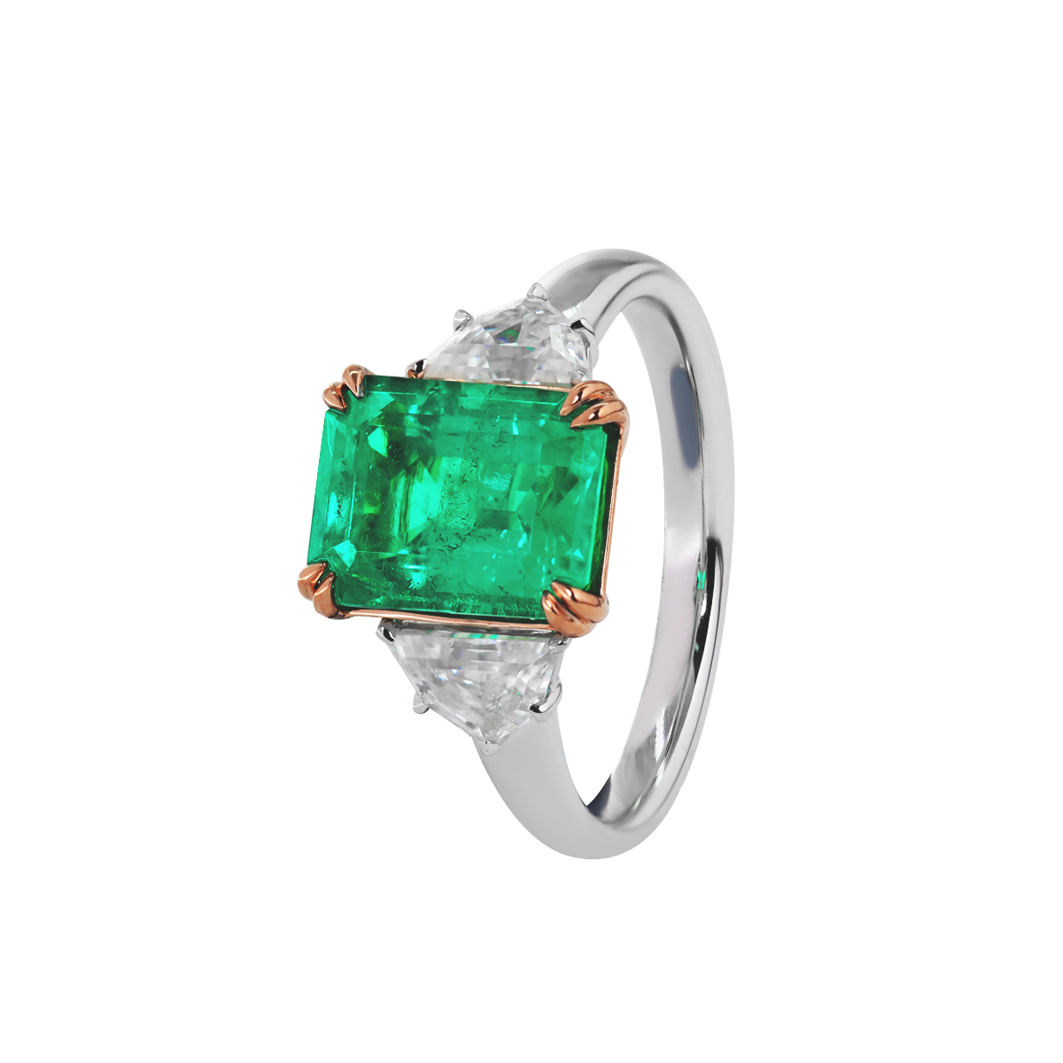 18K White and Rose Gold 2ct Lab Emerald Three Stone Ring with Cadillac Cut Lab Diamond Side-stone