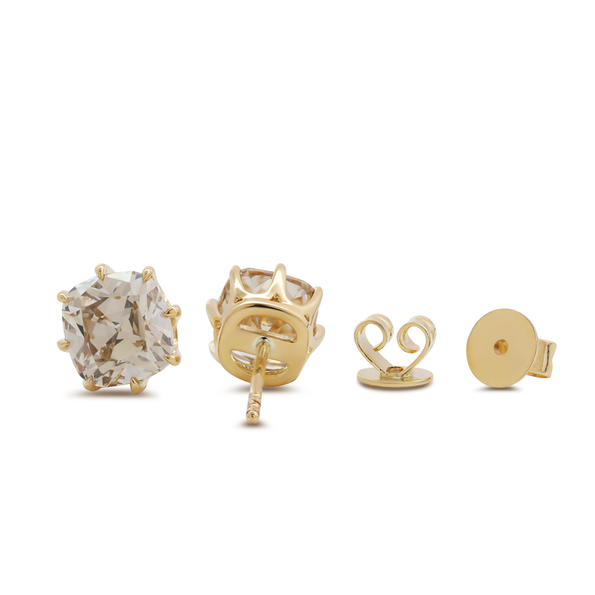 14K Yellow Gold 2 ct tw Old Mine Cut Lab Diamond 8 Claw Crown Basket Stud Earrings
