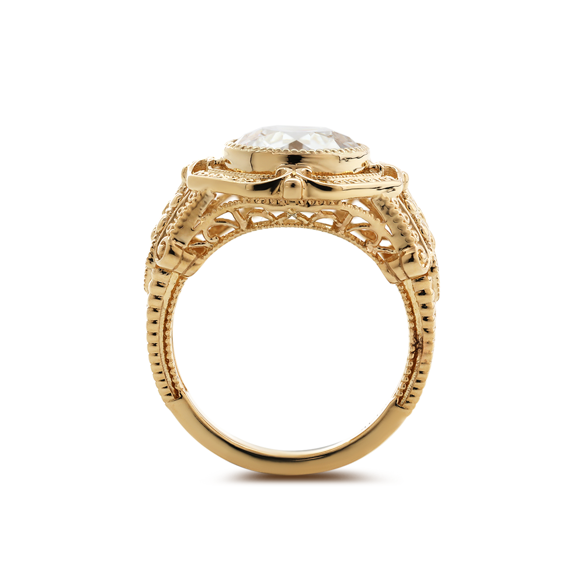 14K Yellow Gold 3ct Old European Cut Lab Diamond Millegrain Bezel Vintage Engraved Ring - Art Deco Style