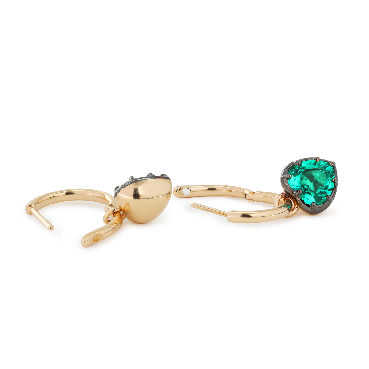 14K Yellow Gold Heart Cut Colombian Lab Emerald Bezel Setting Hoop Earrings with Black Rhodium Plated