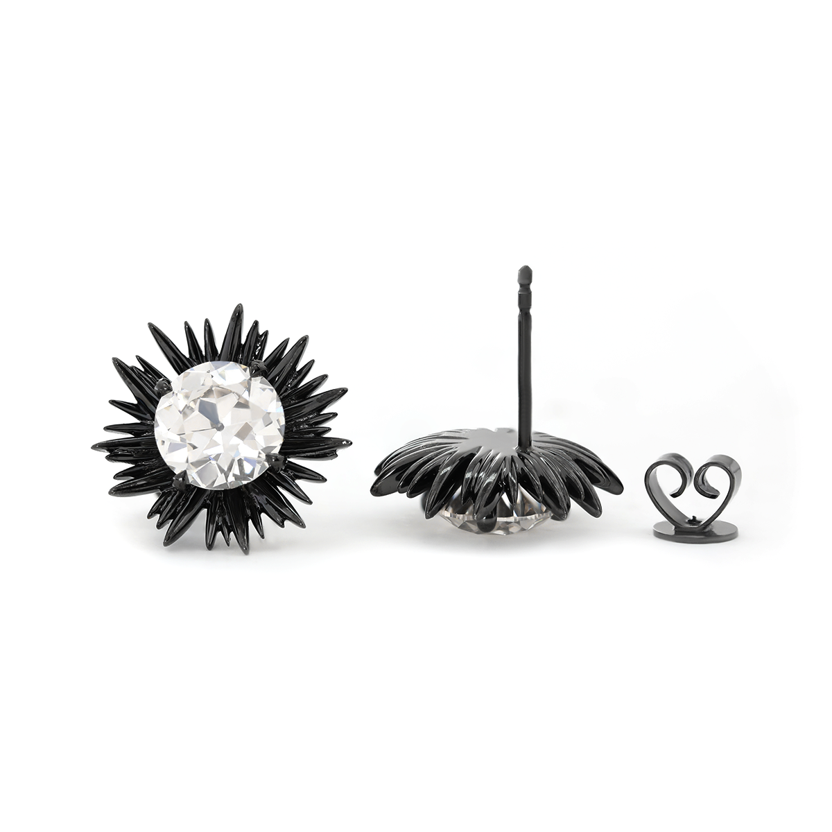 14K Gold with Black Rhodium Plated 2 ct tw Old European Cut Lab Dimaond Sea Urchin Nature-Inspired Stud Earrings