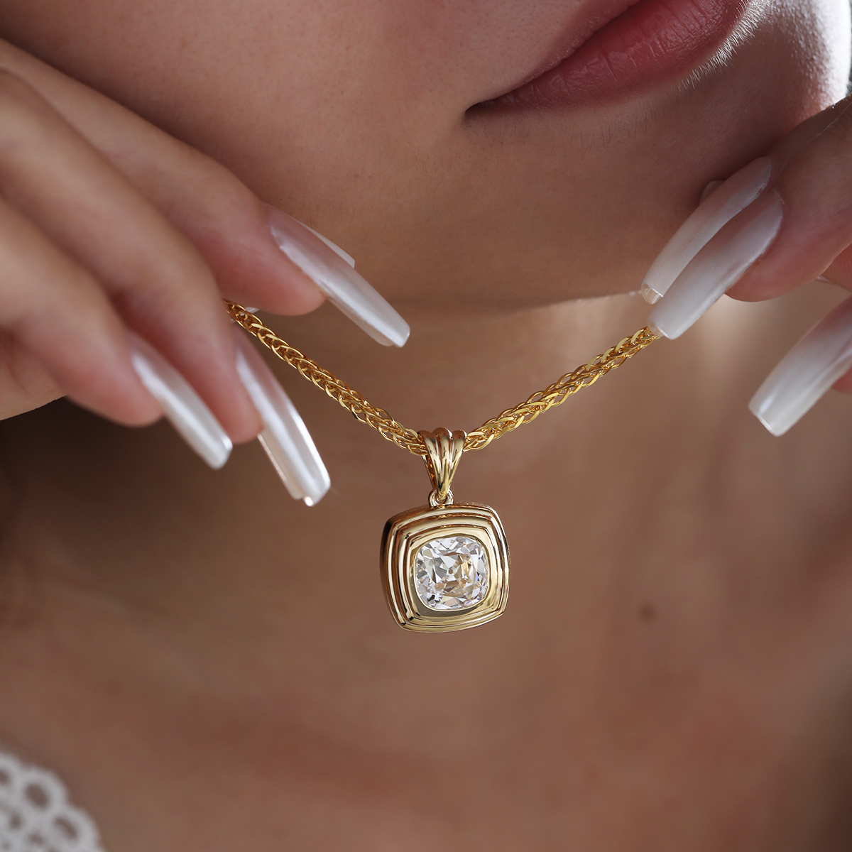 18K Yellow Gold 4ct Old Mine Cut Lab Diamond Flat-topped Stepped Pyramid Pendant Necklace