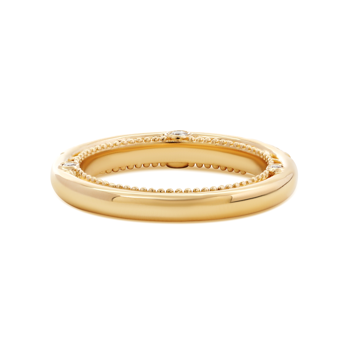 18K Yellow Gold Round Cut Lab Diamond Millegrain and Foral Design Eternity Ring