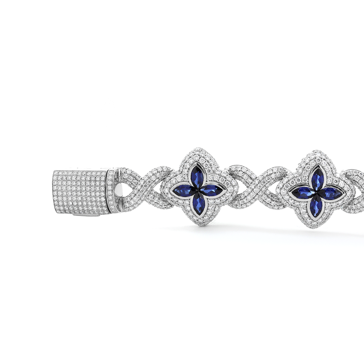 14K White Gold Round Lab Diamond Bracelet with Pear Lab Sapphire – Art Nouveau Nature-Inspired Eternal Fleur Blue Design