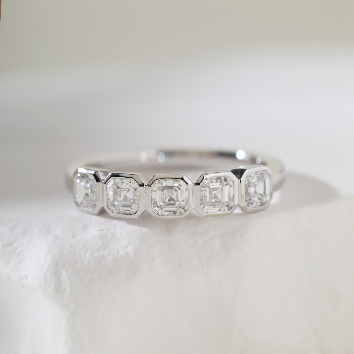 14K White Gold Asscher Cut Lab Diamond 5 Stone Bezel Half Eternity Ring