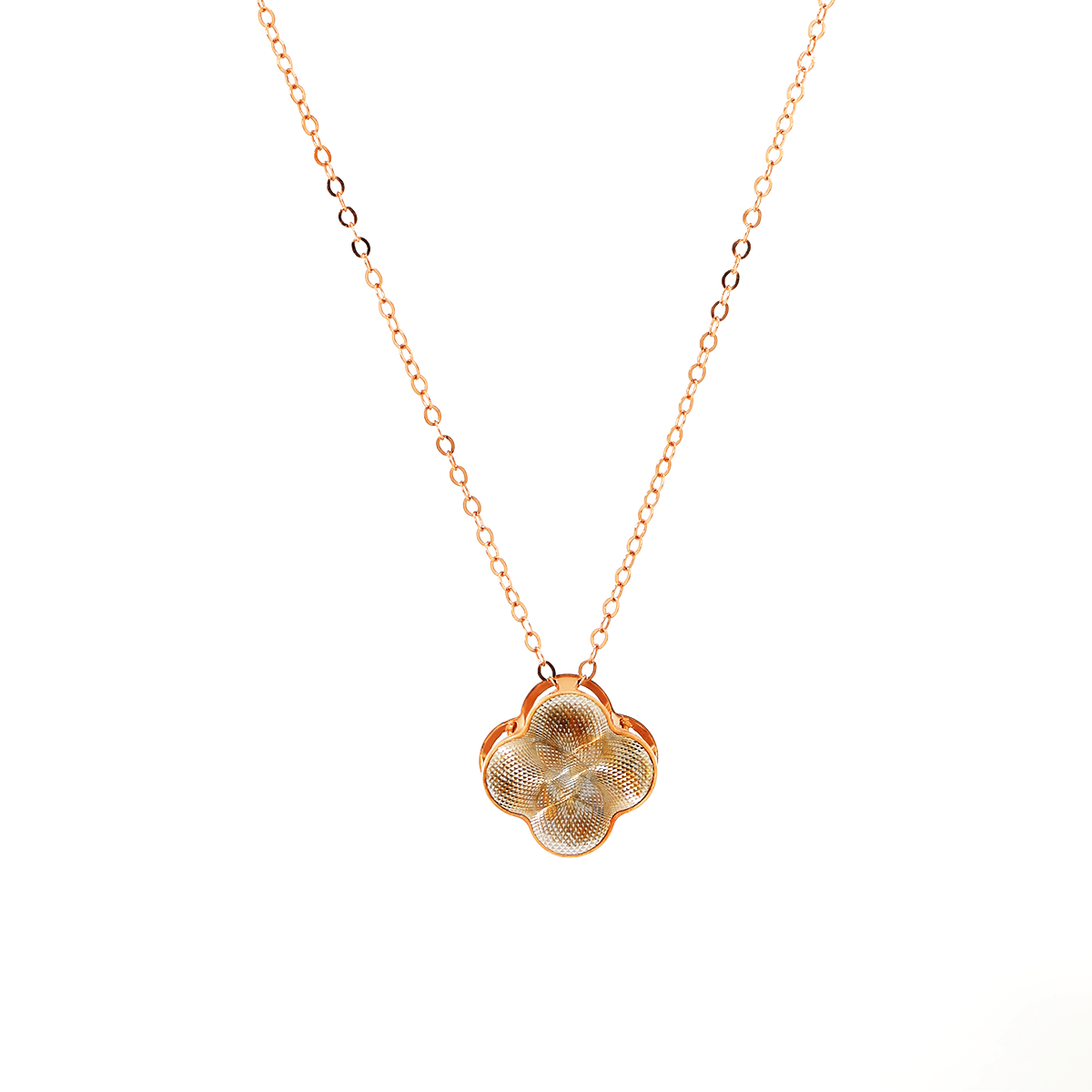 14K Rose Gold Clover Pendant Necklace with Round Lab Diamond in A Diamond-Cut Texture Halo