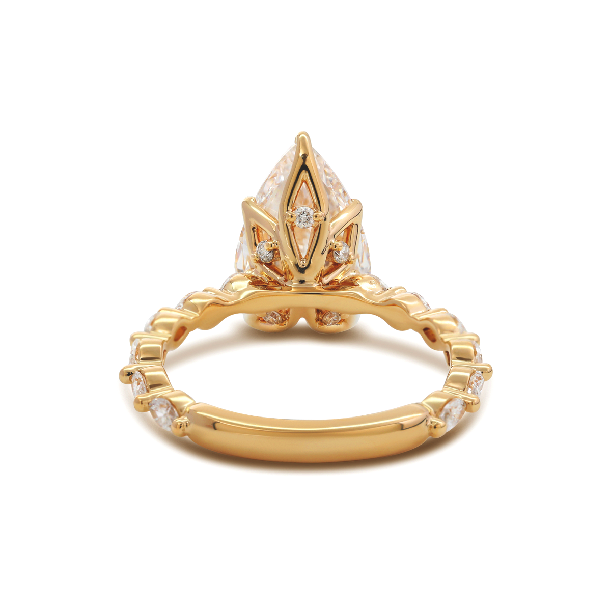 14K Yellow Gold 3ct Pear Cut Lab Diamond 5 Claw Prongs Floral Basket Engagement Ring with Marquise Cut and Round Cut Diamond Side-stones