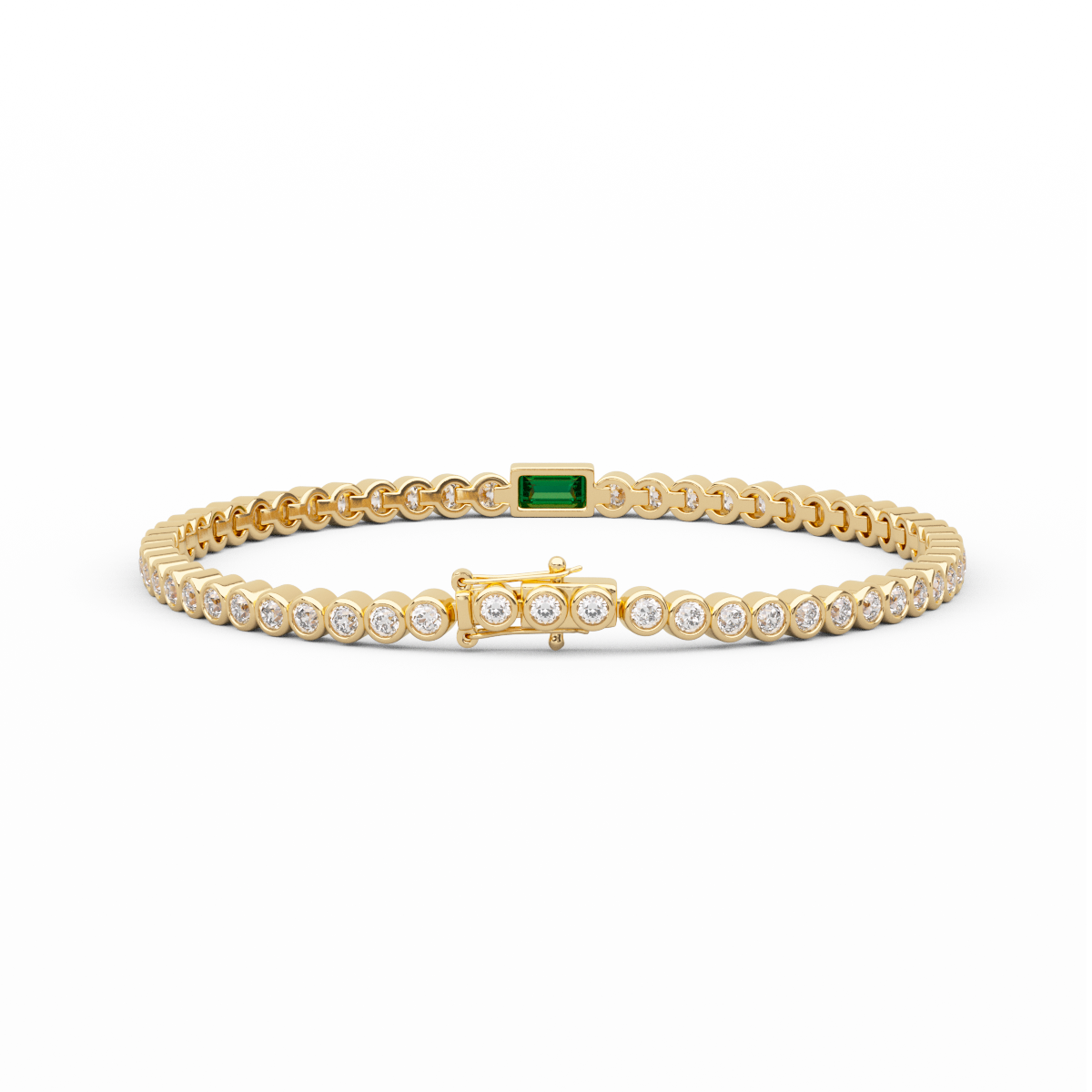 14K Yellow Gold Round Lab Diamond Bezel Setting Tennis Bracelet with A Baguette Cut Lab Emerald Center Stone
