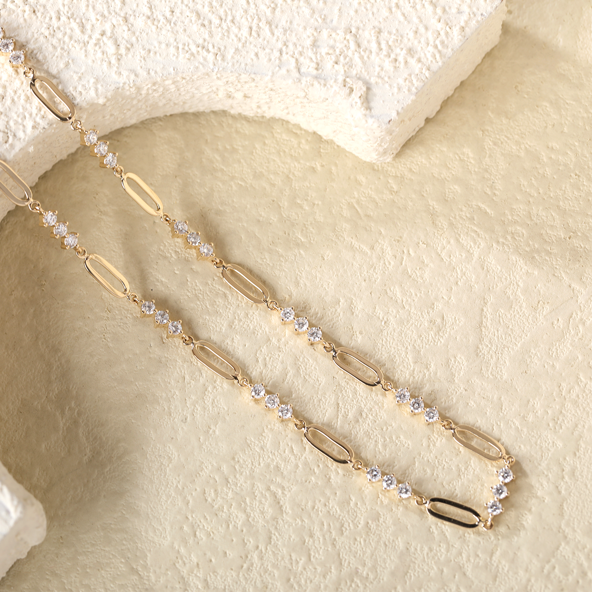 14K Yellow Gold 2mm Round Lab Diamond Cross Squashed Chain Station Necklace