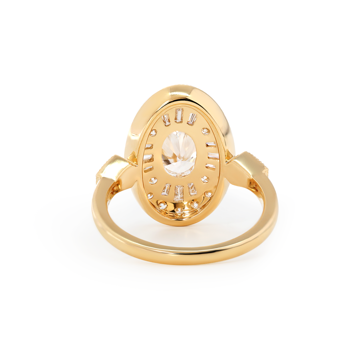 18K Yellow Gold Oval Lab Diamond Millegrain Vintage Style Ring with Round and Tapered Baguette Side-stones Halo