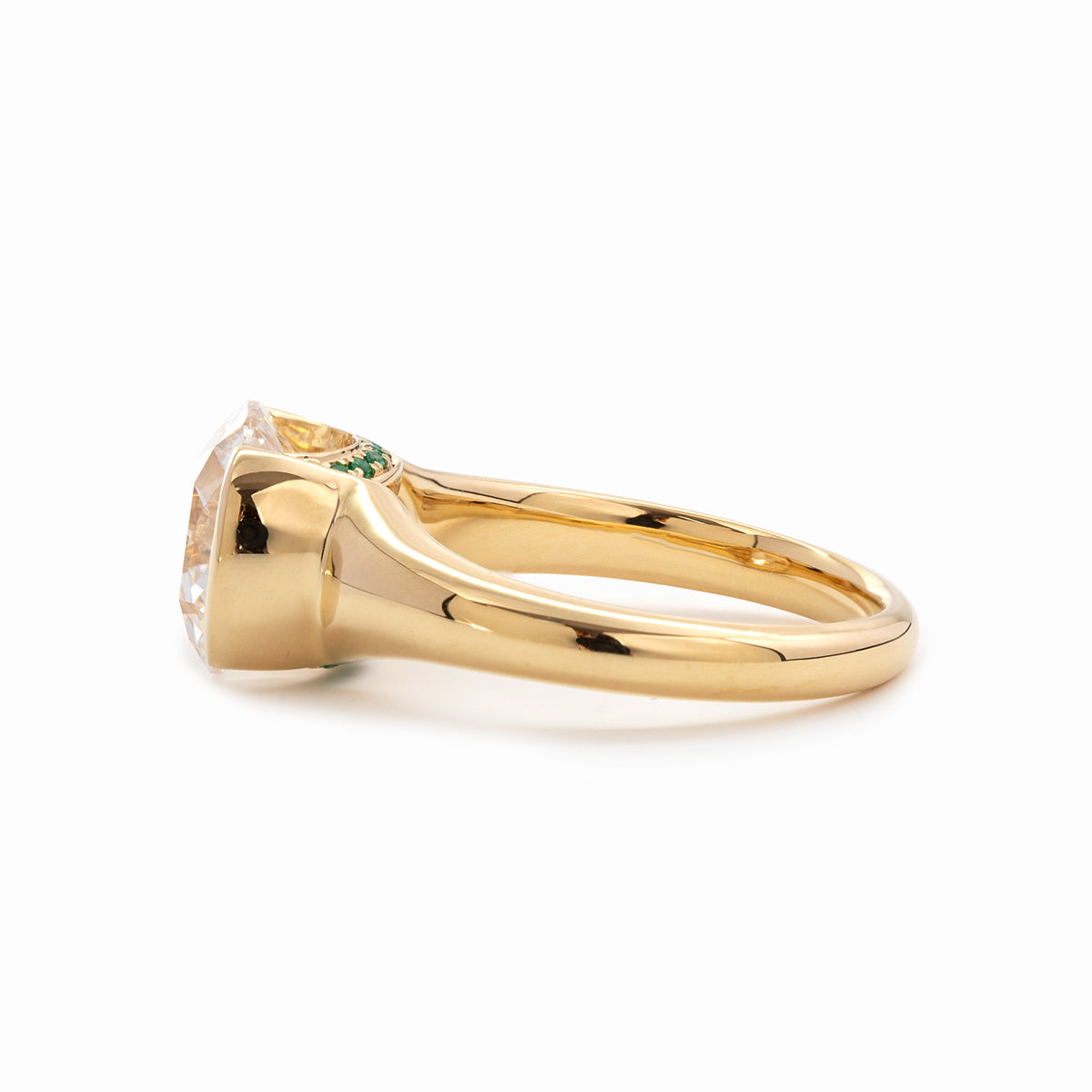 18K Yellow Gold 3.5ct Old Mine Cut Lab Diamond Half Bezel Statement Ring with Hidden Round Lab Emerald Wave Pave