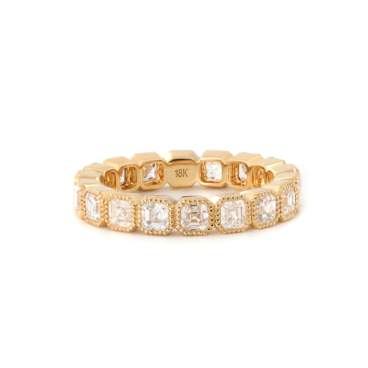 18K Yellow Gold Asscher Cut Lab Diamond Millegrain Bezel Eternity Ring