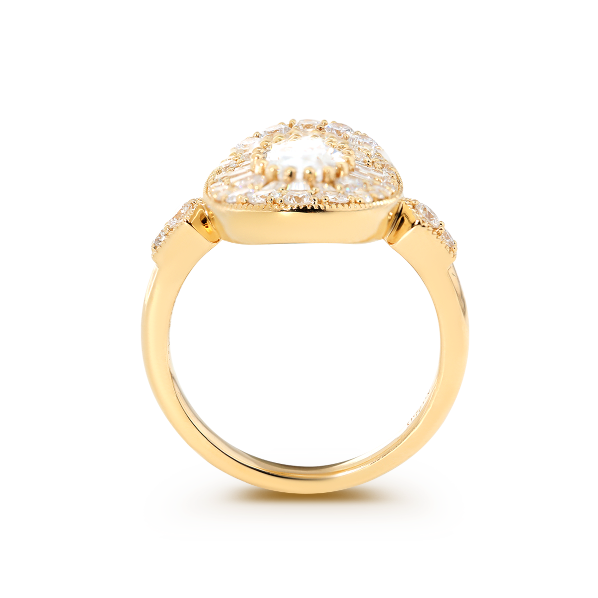 18K Yellow Gold Oval Lab Diamond Millegrain Vintage Style Ring with Round and Tapered Baguette Side-stones Halo