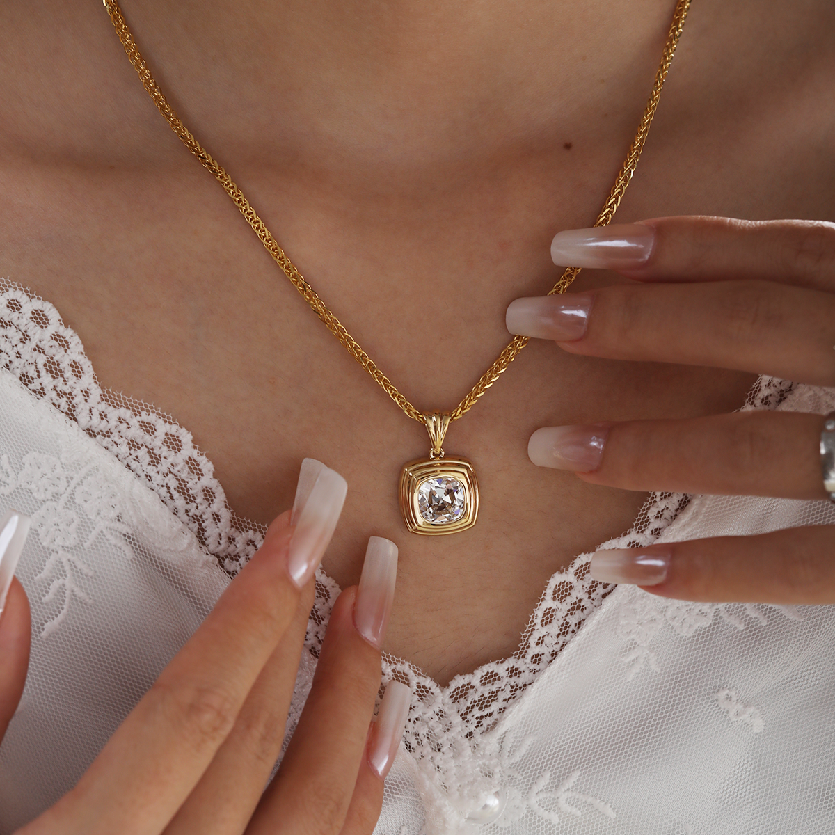 18K Yellow Gold 4ct Old Mine Cut Lab Diamond Flat-topped Stepped Pyramid Pendant Necklace