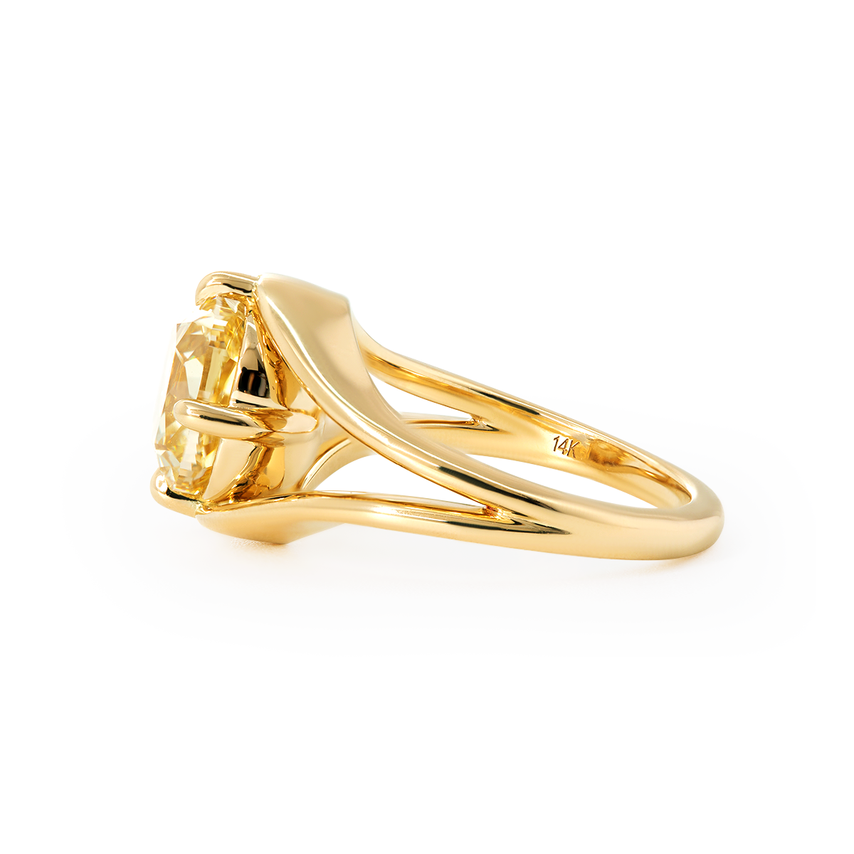 14K Yellow Gold 4ct Old Mine Cut Yellow Lab Diamond 4 Claw Prongs Solitaire Ring with Split Band Design