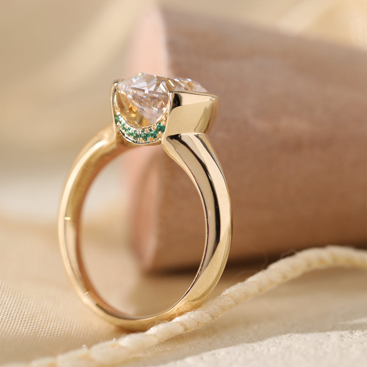 18K Yellow Gold 3.5ct Old Mine Cut Lab Diamond Half Bezel Statement Ring with Hidden Round Lab Emerald Wave Pave