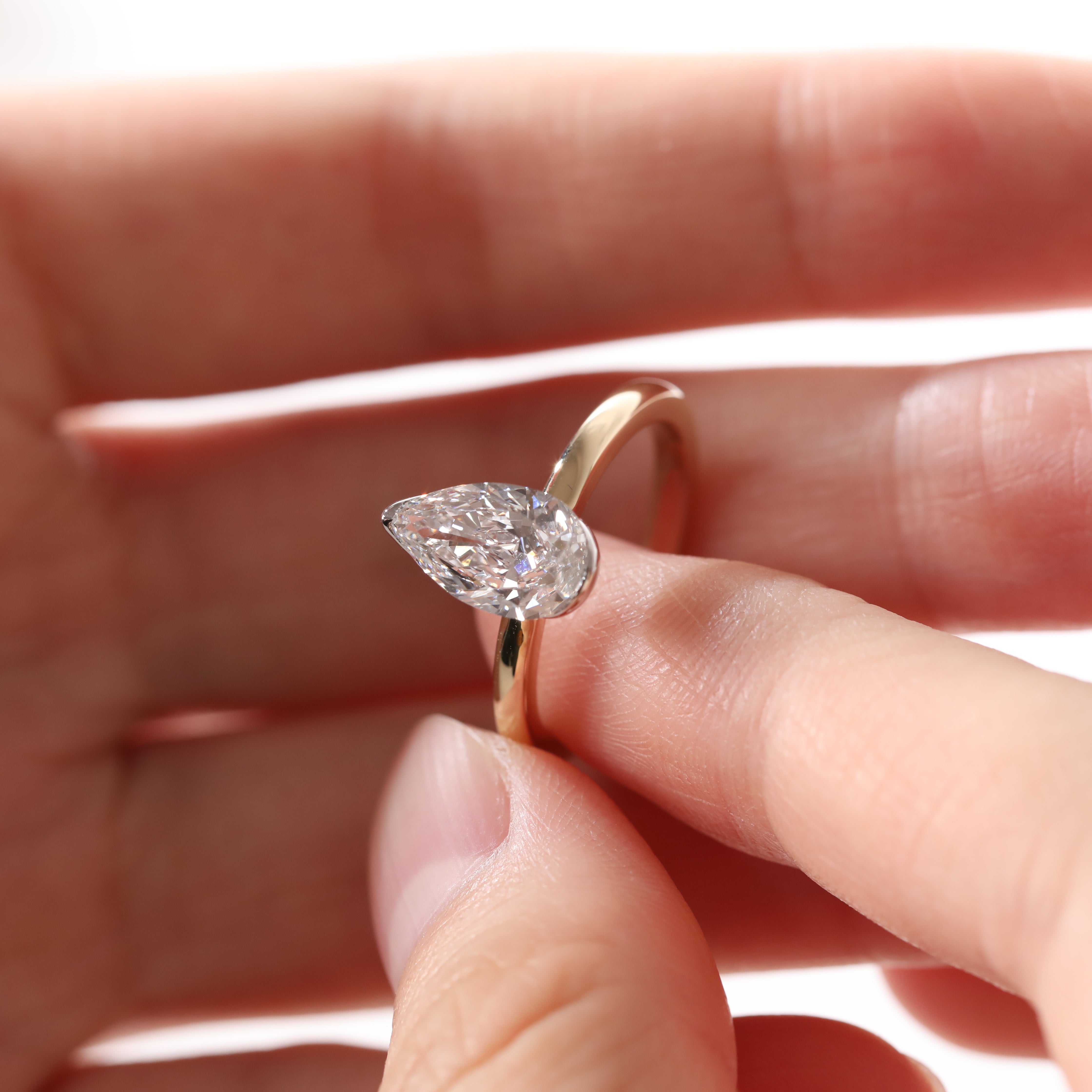 14K Yellow and White Gold 2ct Pear Cut Lab Diamond Half Bezel Solitaire Ring