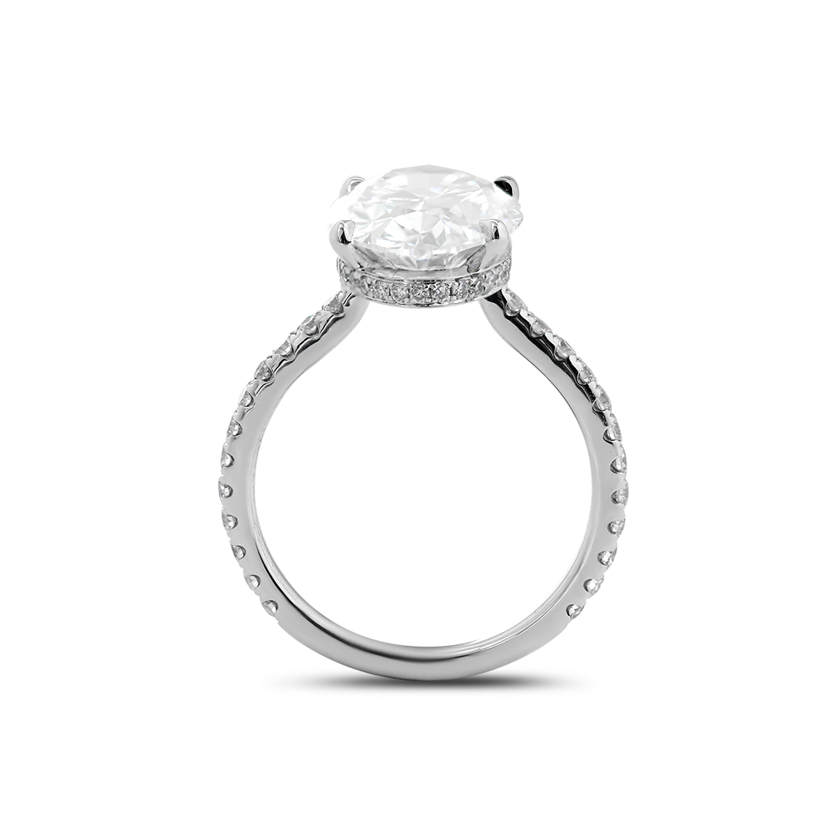 14K White Gold 4ct Oval Cut Lab Diamond Hidden Halo Bridal Set Rings with 3/4 Circle of Round Lab Diamond Pave