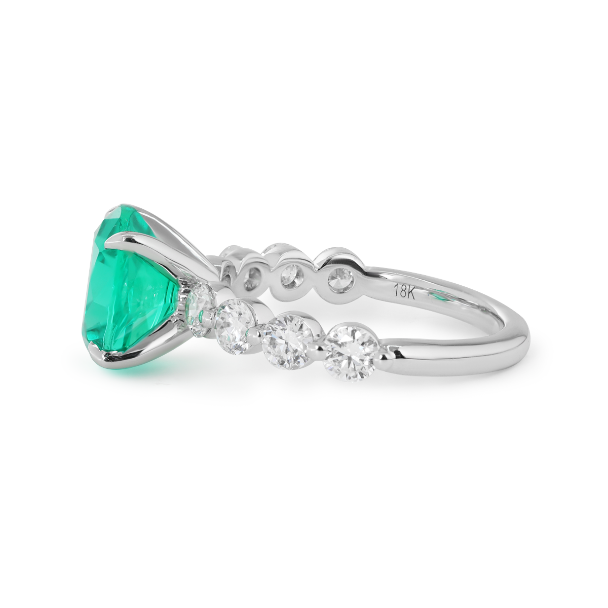18K White Gold 2.5ct Round Colombian Lab Emerald 4 Calw Prong Ring with 8 Round Lab Diamond Side-stones