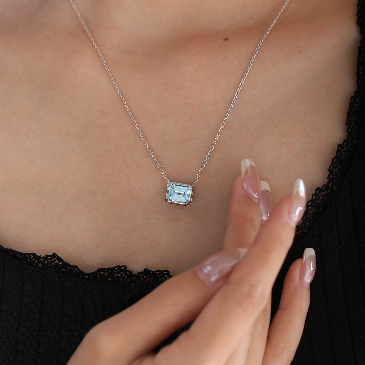 14K White Gold 3ct Aquamarine Blue Emerald Cut Lab Corundum Bezel Pendant Necklace