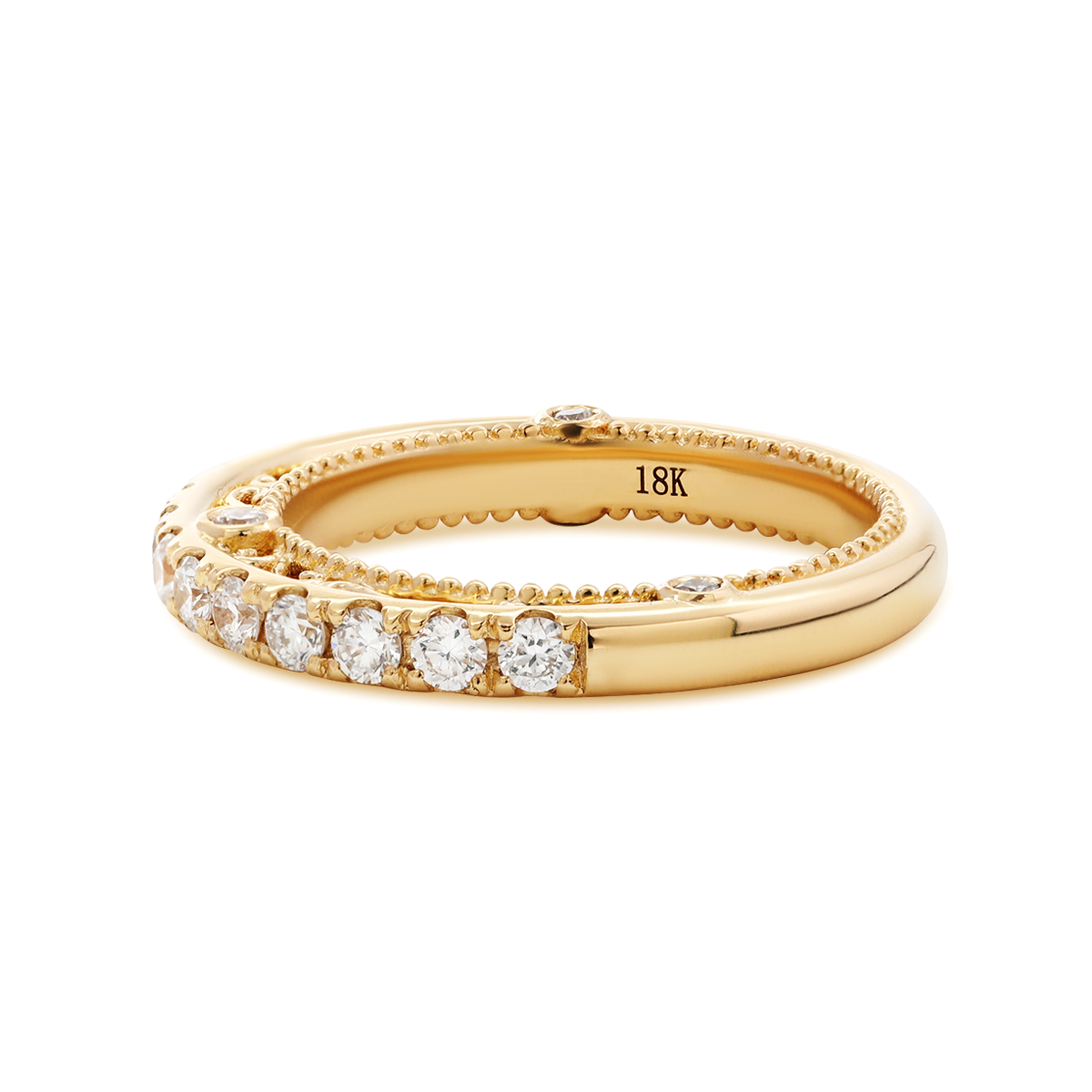 18K Yellow Gold Round Cut Lab Diamond Millegrain and Foral Design Eternity Ring